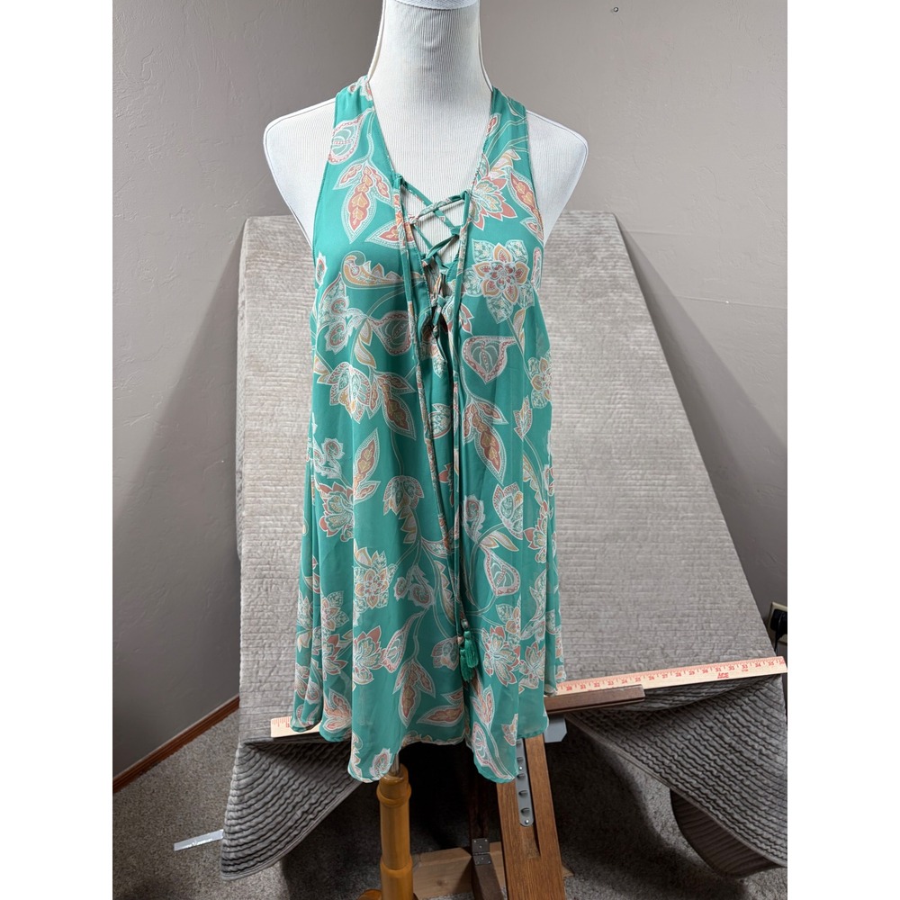 Show Me Your Mumu Teal Floral Lace Up Tassel Halter Mini Dress Large